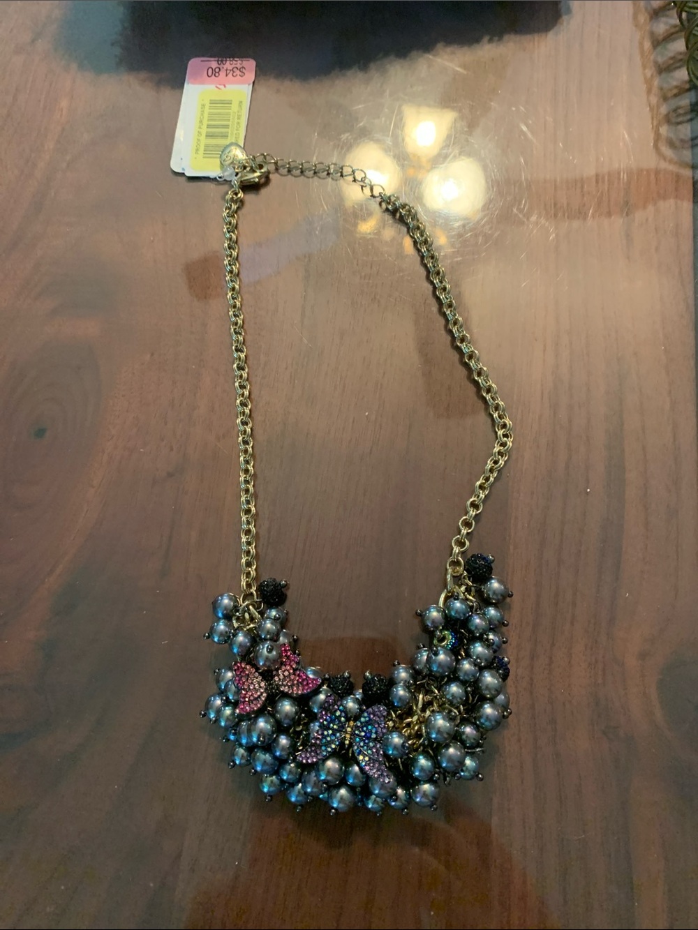 Gold Chain Statement Necklace with Iridescent Pearls and Pink Accents